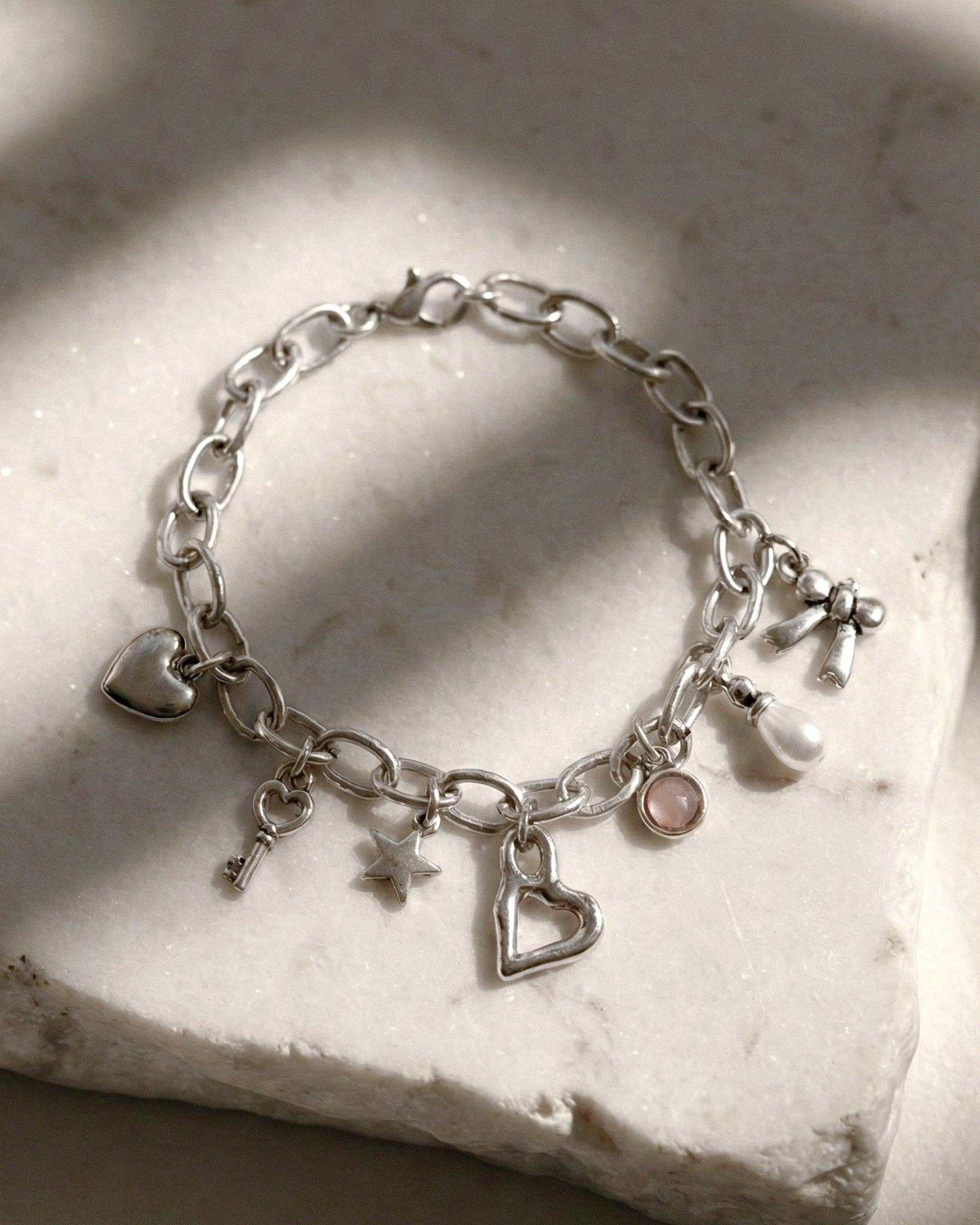 Silver Heart Key Charm Bracelet