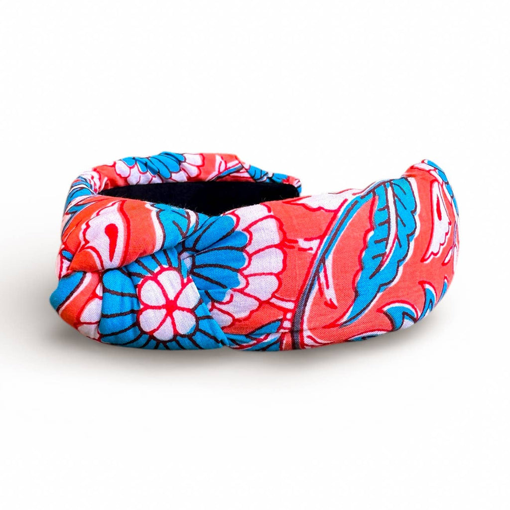 Orange and Turquoise Block Print Knotted Headband 