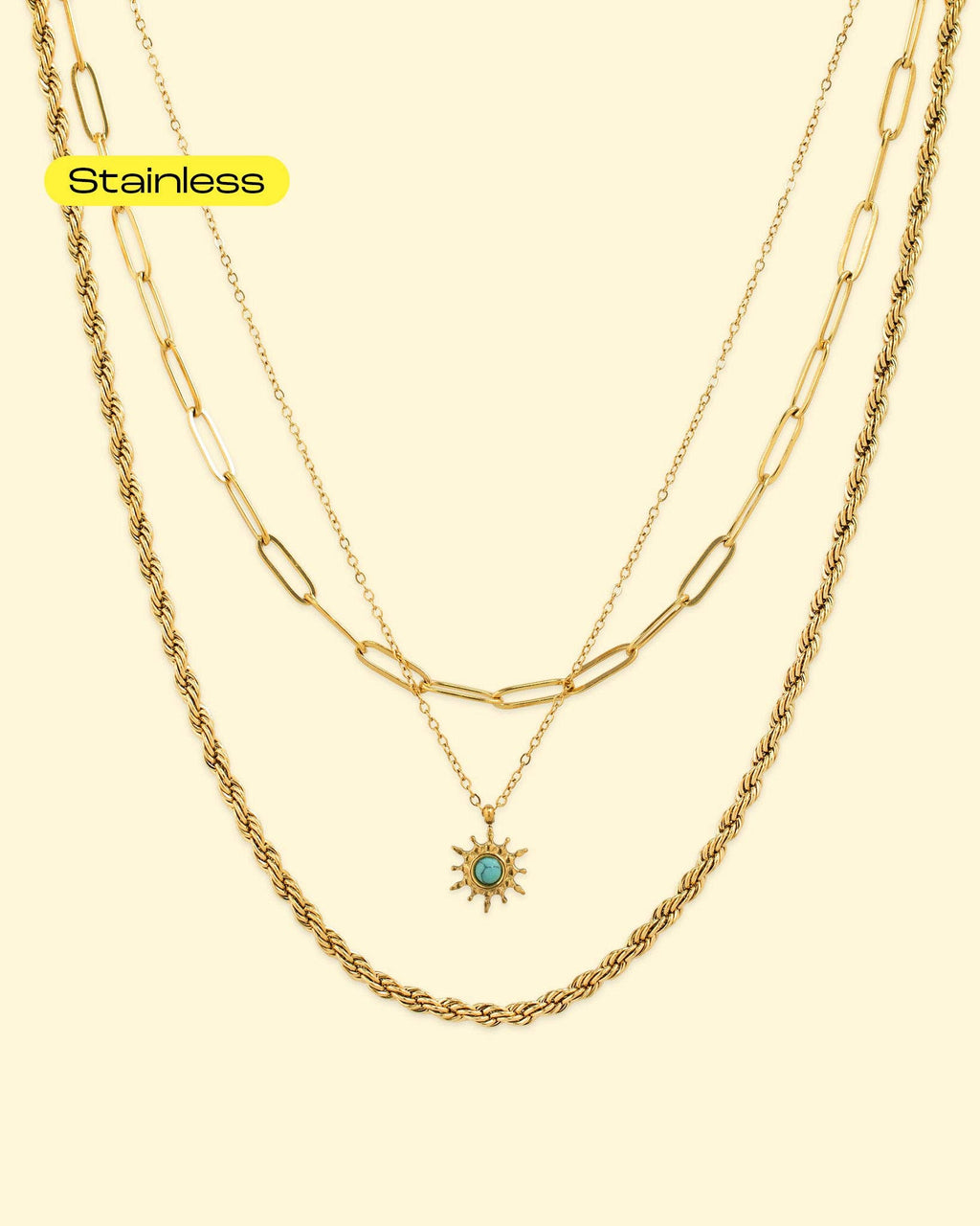Stainless 3 Layered Turrquoise Starburst Chain Necklace