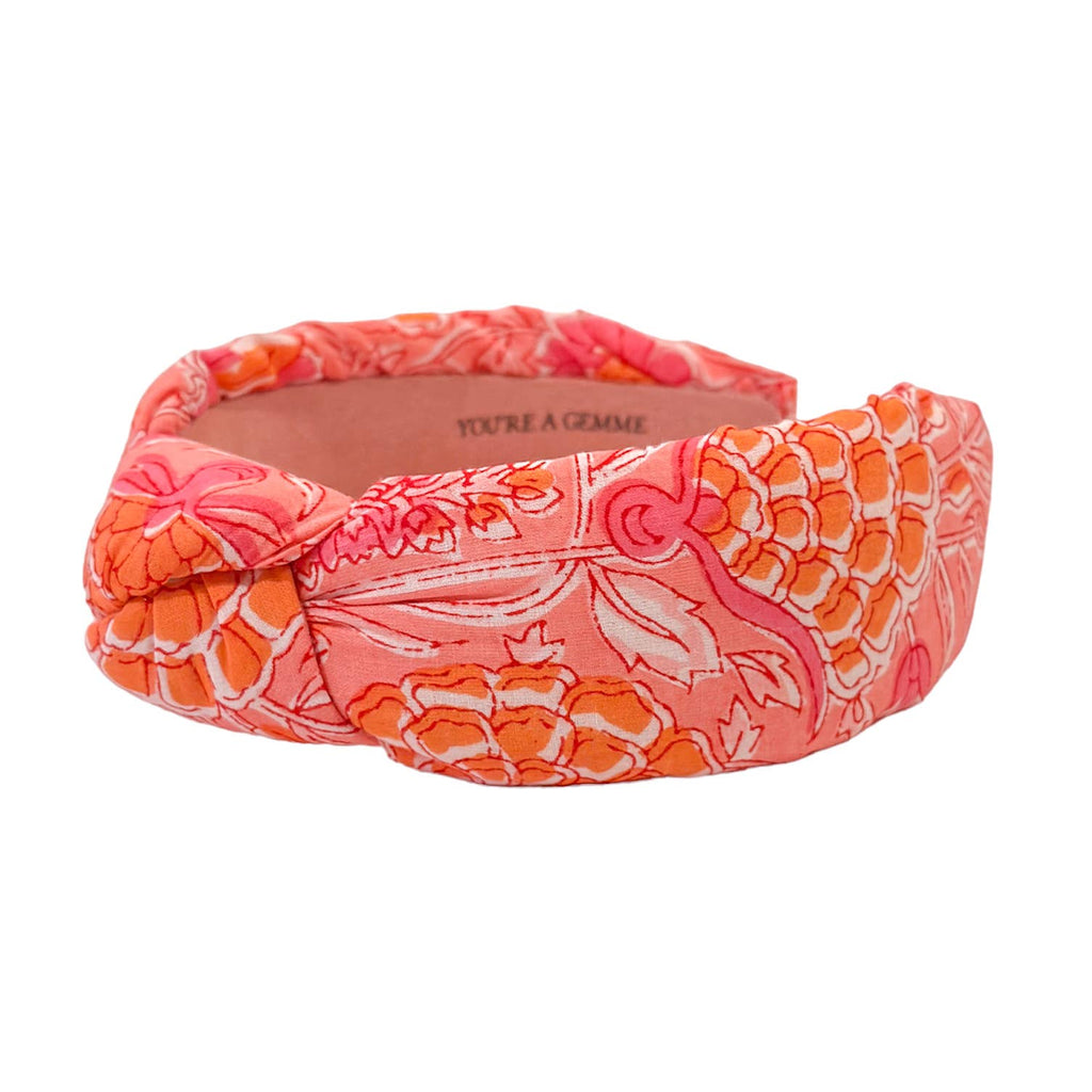 Pink and Orange Floral Block-Print Knotted Headband