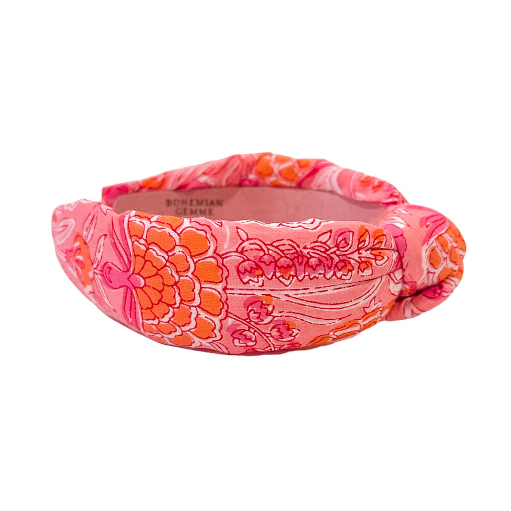 Pink and Orange Floral Block-Print Knotted Headband