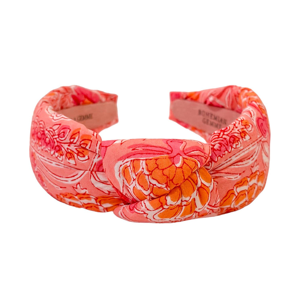 Pink and Orange Floral Block-Print Knotted Headband