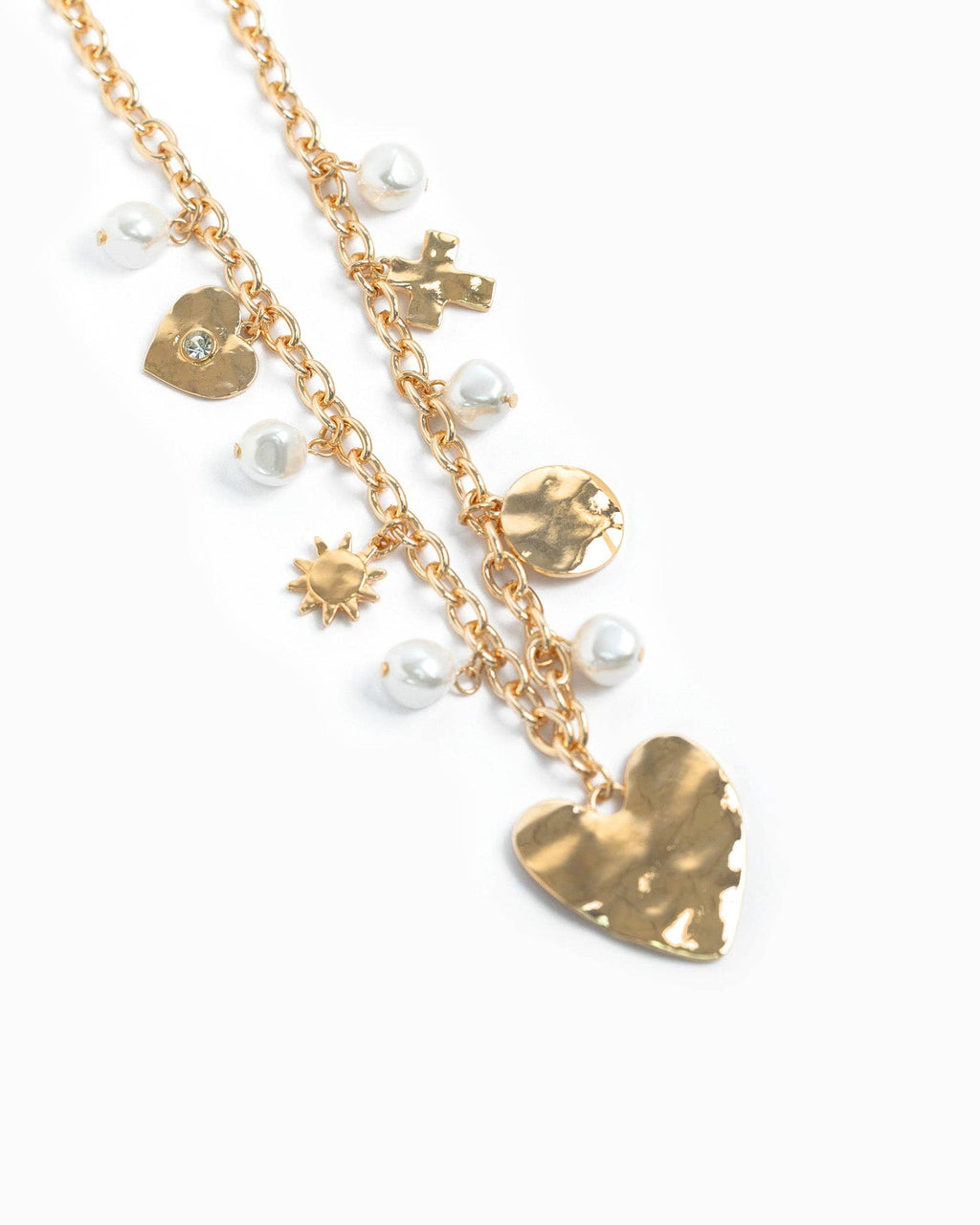 Hammered Heart Pearl Multi Charm Necklace