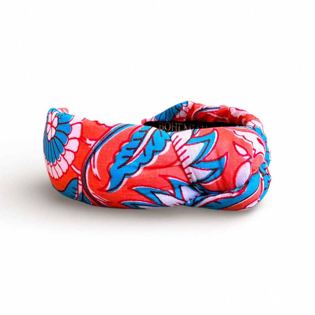 Orange and Turquoise Block Print Knotted Headband 