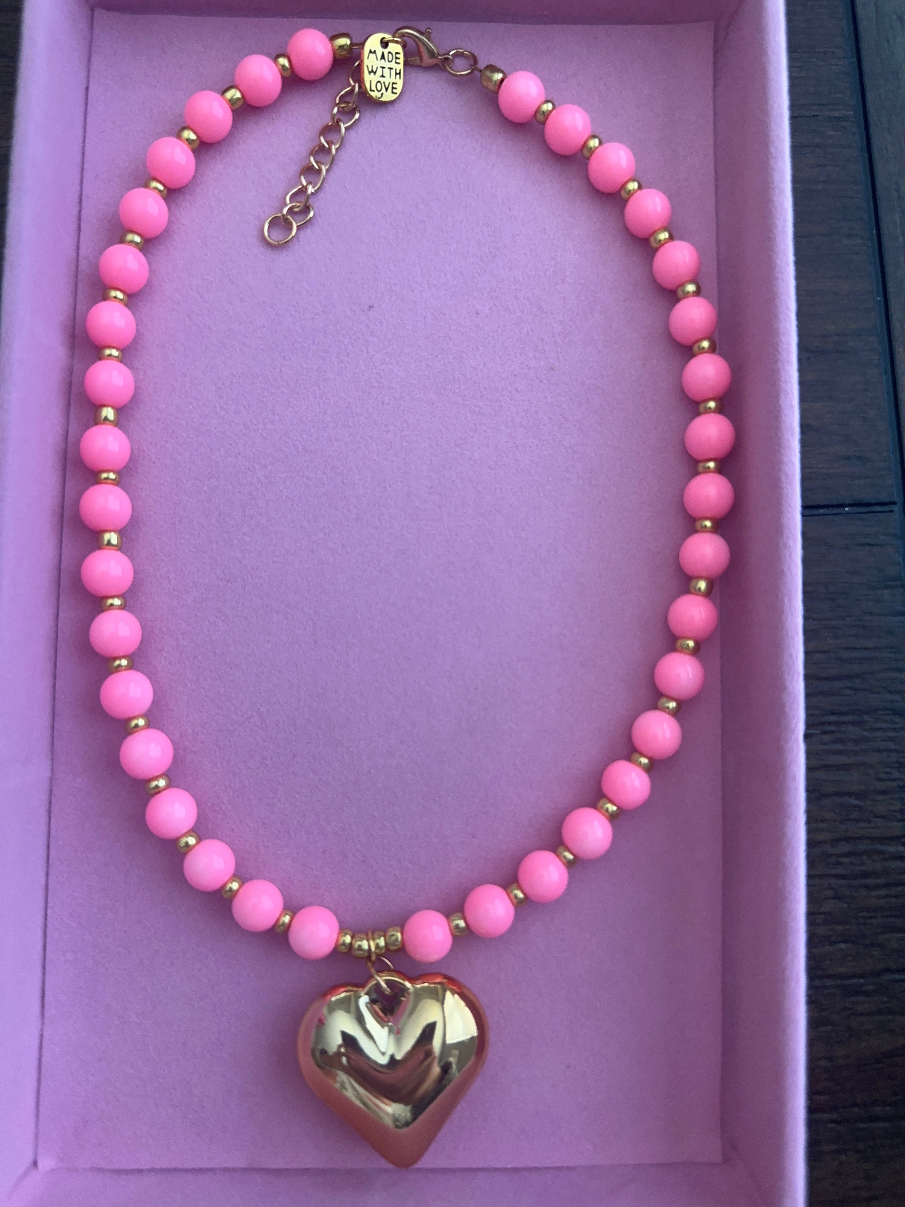 Pink Heart Charm Beaded Necklace