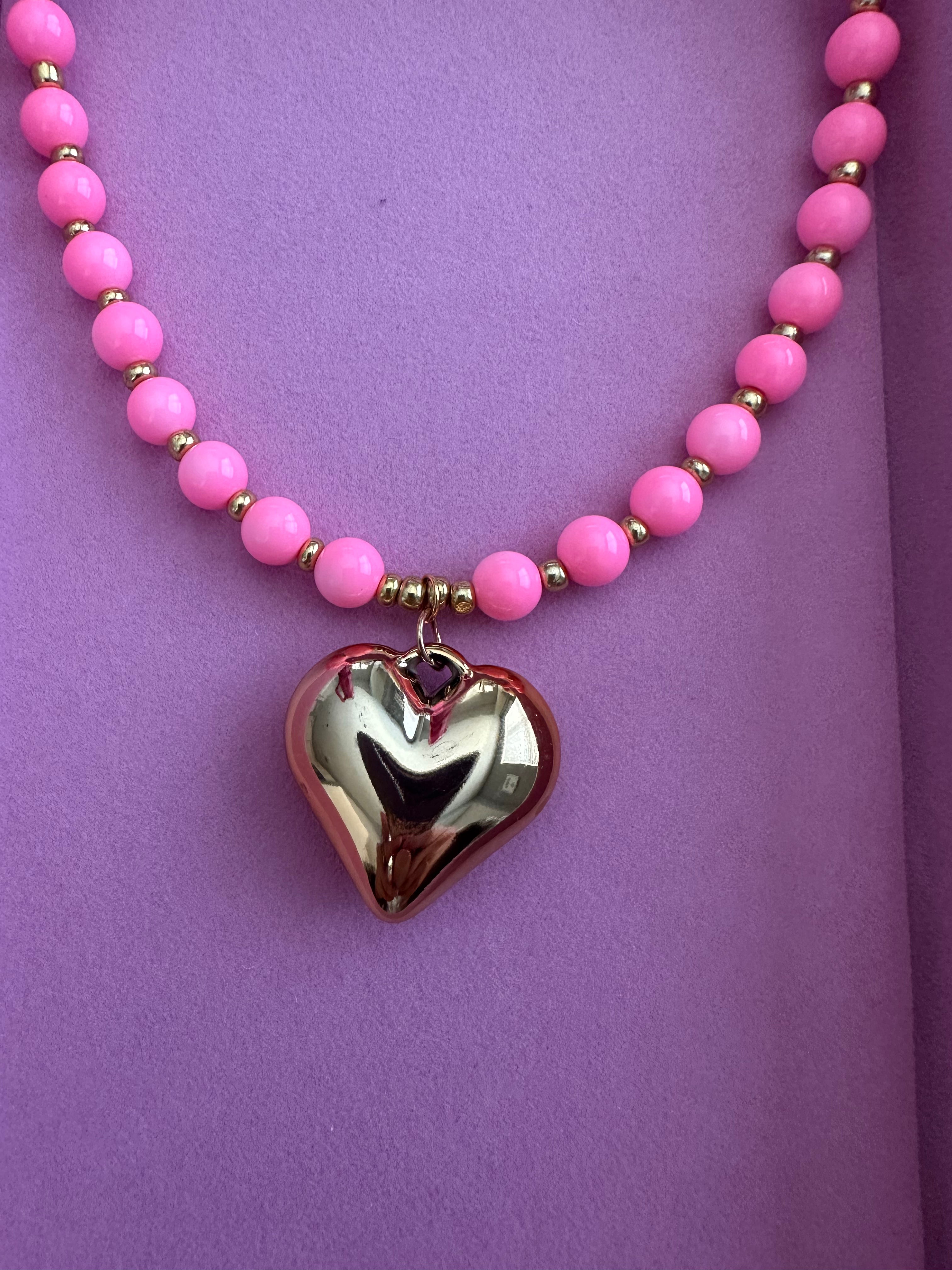 Pink Heart Charm Beaded Necklace