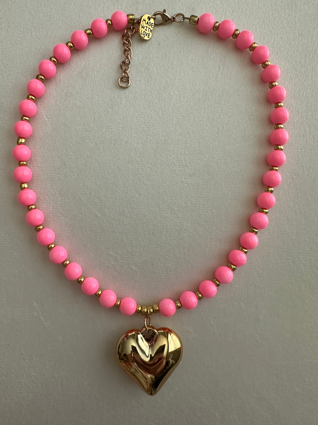Pink Heart Charm Beaded Necklace