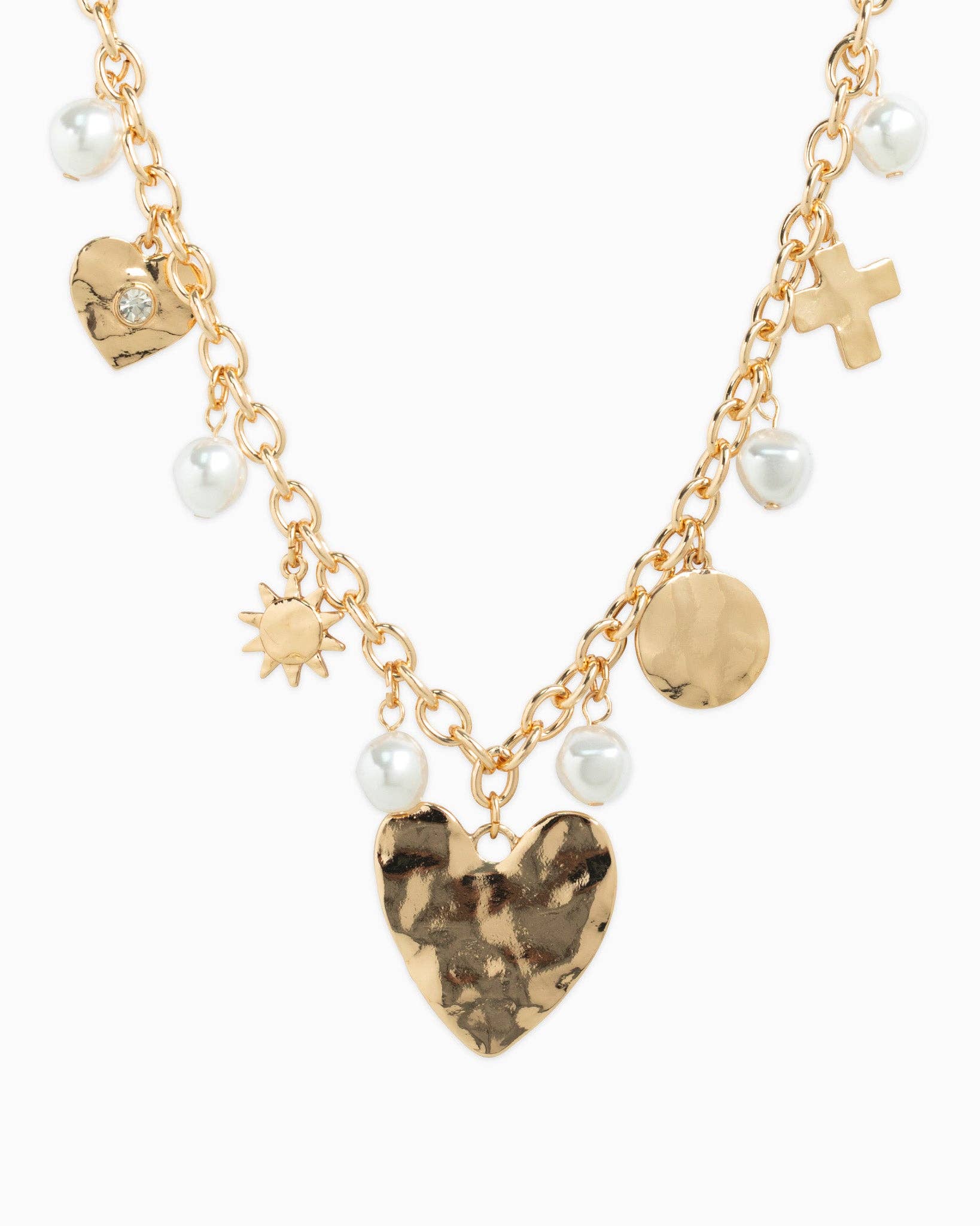 Hammered Heart Pearl Multi Charm Necklace